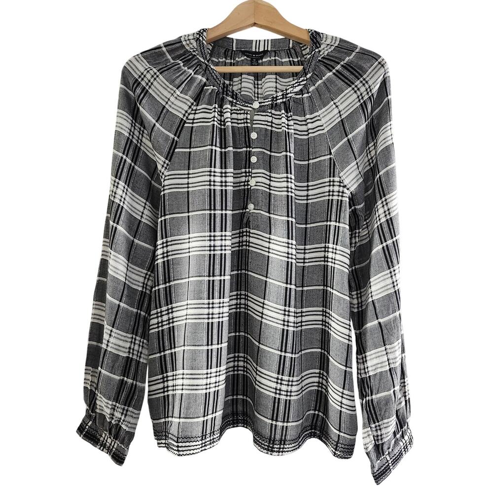 Lucky Brand Women's Medium Plaid Embroidered Trim Pullover Top Black & White